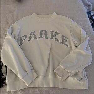 Parke sweatshirt, bridal collection, creamish/yellow and blue letters. Size L/XL